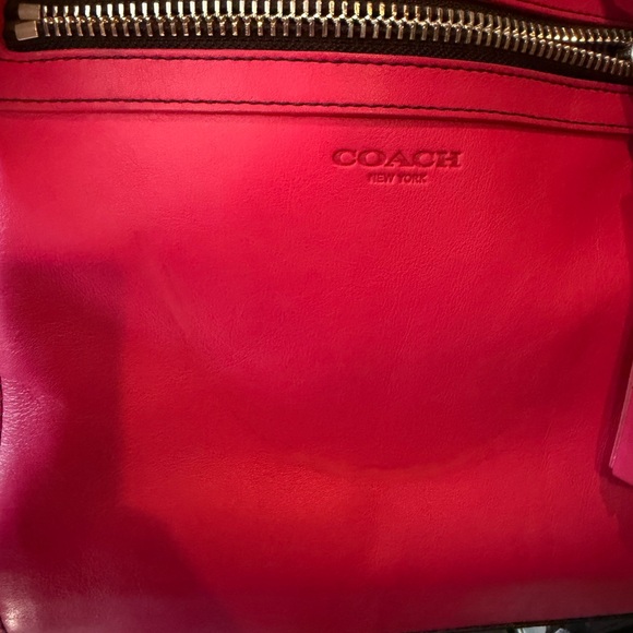 Coach Colorblock Leather Tote in Navy Blue and Hot Pink with Dark Brown Handles - Picture 4 of 6